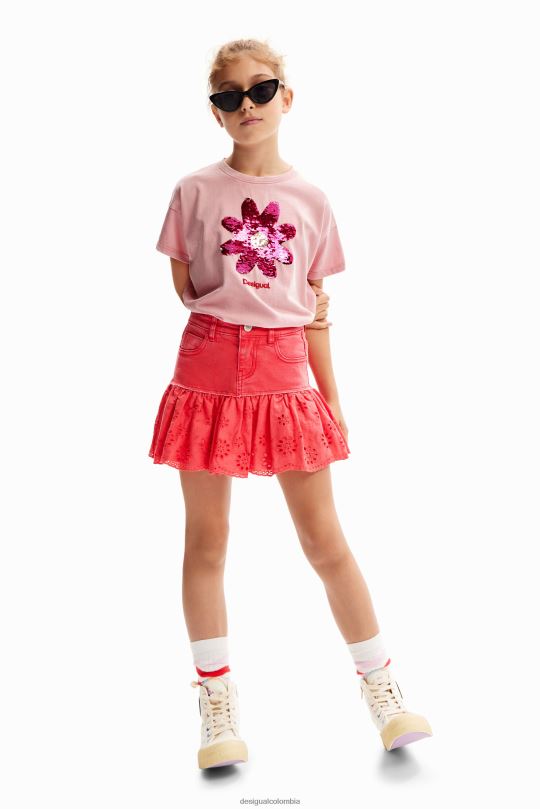 ropa 4802L1740 chica Desigual camiseta con flores de lentejuelas - Desigual Colombia rebajas