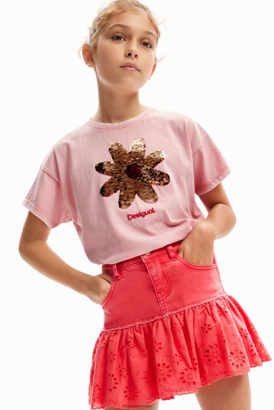 ropa 4802L1740 chica Desigual camiseta con flores de lentejuelas - Desigual Colombia rebajas