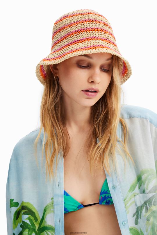 accesorio 4802L569 mujer Desigual sombrero de pescador de rafia a rayas - Desigual sale damen