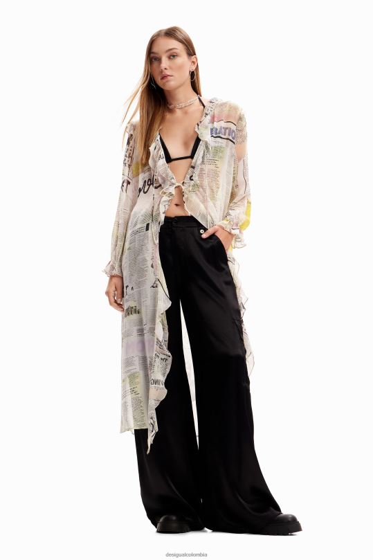ropa 4802L105 mujer Desigual blusa tipo periódico larga con volantes - Desigual Colombia rebajas