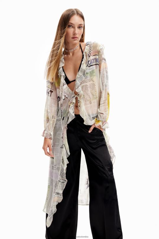 ropa 4802L105 mujer Desigual blusa tipo periódico larga con volantes - Desigual Colombia rebajas