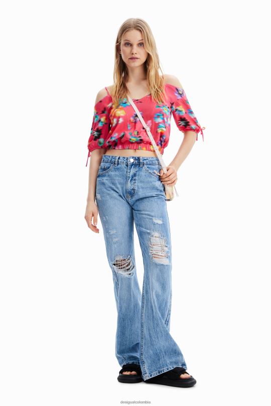 ropa 4802L693 mujer Desigual blusa corta fruncida con flores - Desigual sale damen