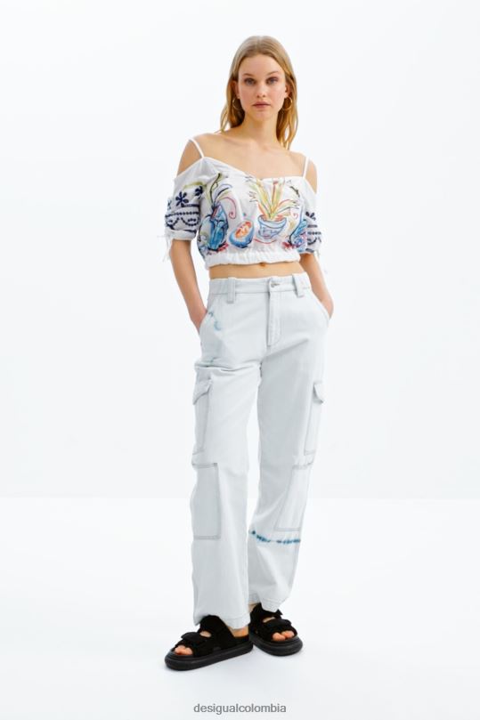 ropa 4802L870 mujer Desigual blusa corta fruncida ilustración - Desigual Colombia rebajas