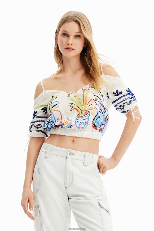 ropa 4802L870 mujer Desigual blusa corta fruncida ilustración - Desigual Colombia rebajas