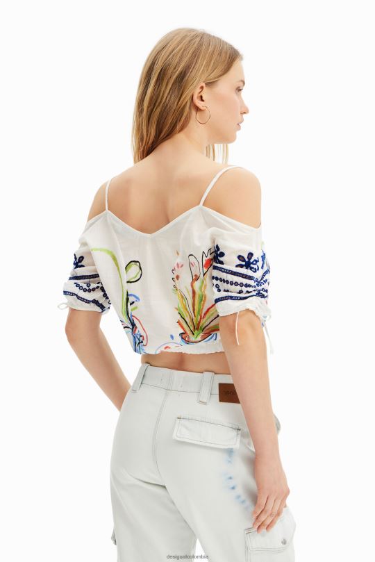 ropa 4802L870 mujer Desigual blusa corta fruncida ilustración - Desigual Colombia rebajas