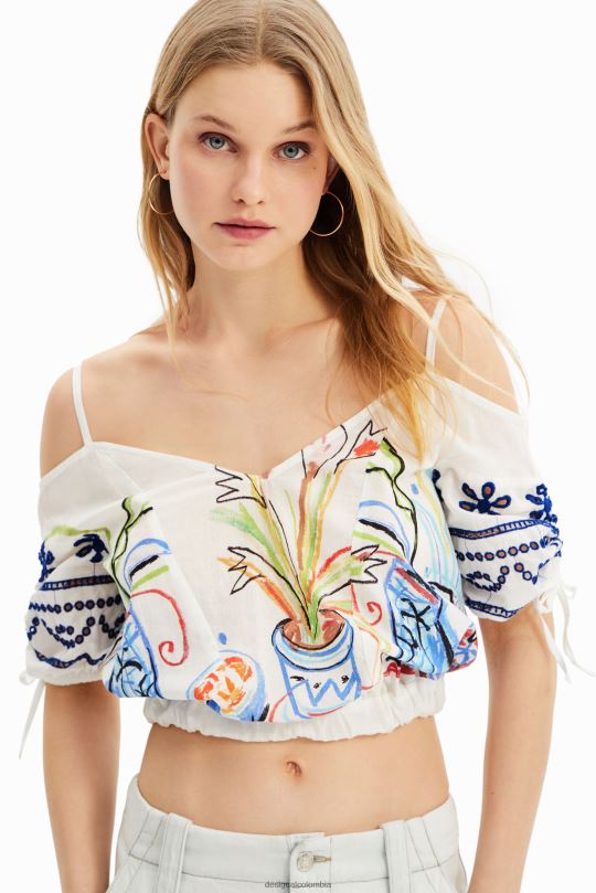 ropa 4802L870 mujer Desigual blusa corta fruncida ilustración - Desigual Colombia rebajas
