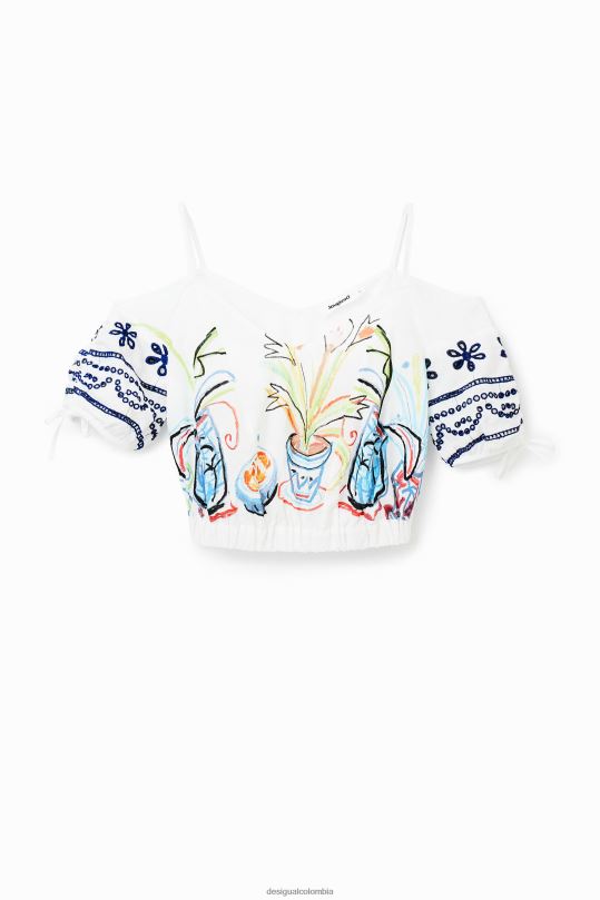 ropa 4802L870 mujer Desigual blusa corta fruncida ilustración - Desigual Colombia rebajas