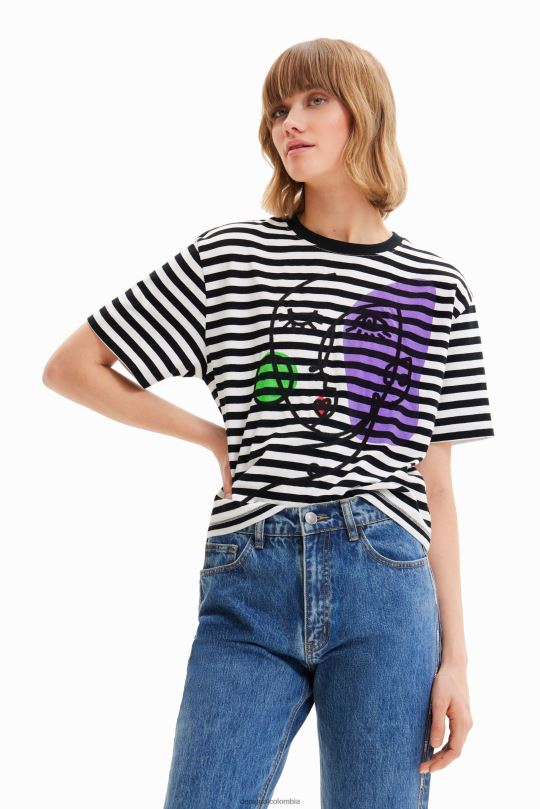 ropa 4802L1021 mujer Desigual camiseta con cara artística a rayas - Desigual sale damen