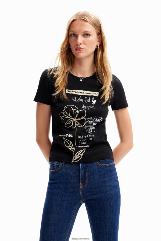 ropa 4802L121 mujer Desigual camiseta con mensaje de flores - Desigual shop