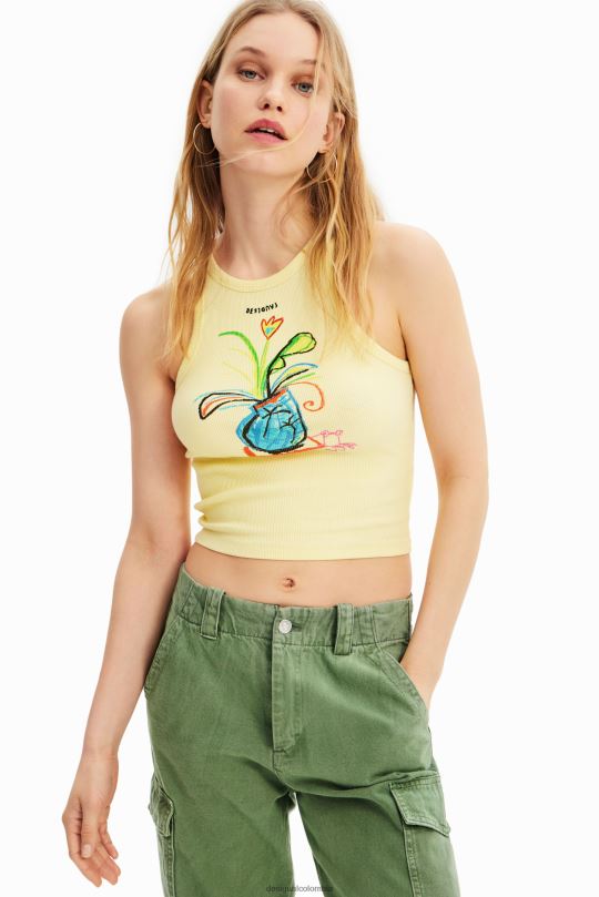 ropa 4802L752 mujer Desigual camiseta slim de canalé con ilustración - Desigual Colombia rebajas