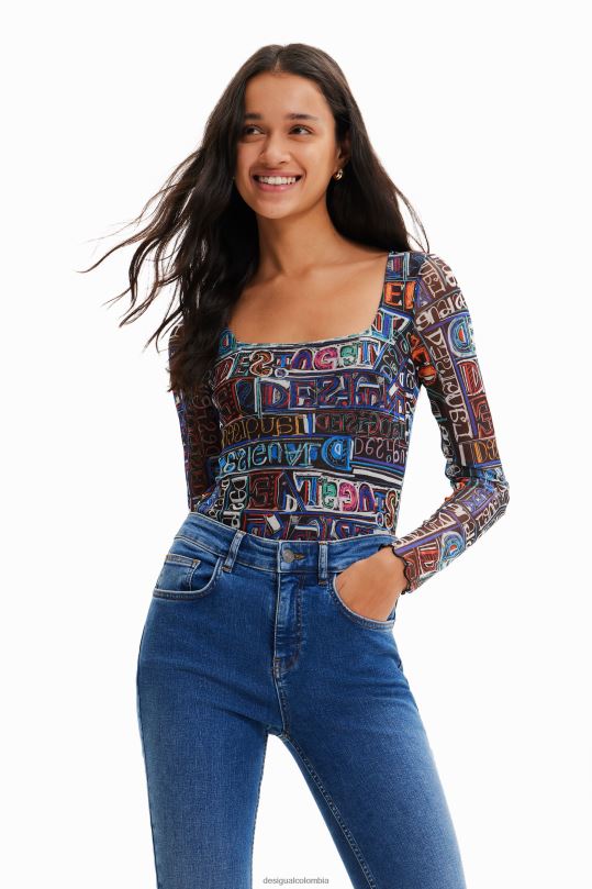 ropa 4802L335 mujer Desigual body artístico de tul con logo - Desigual shop