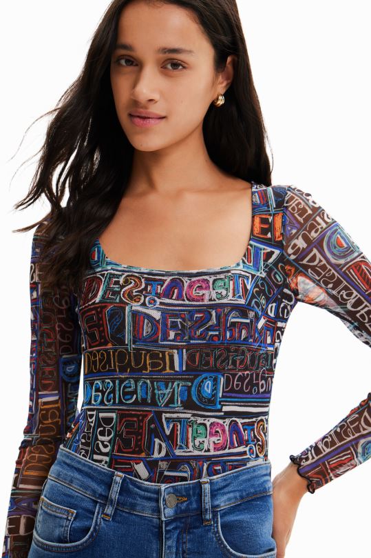 ropa 4802L335 mujer Desigual body artístico de tul con logo - Desigual shop