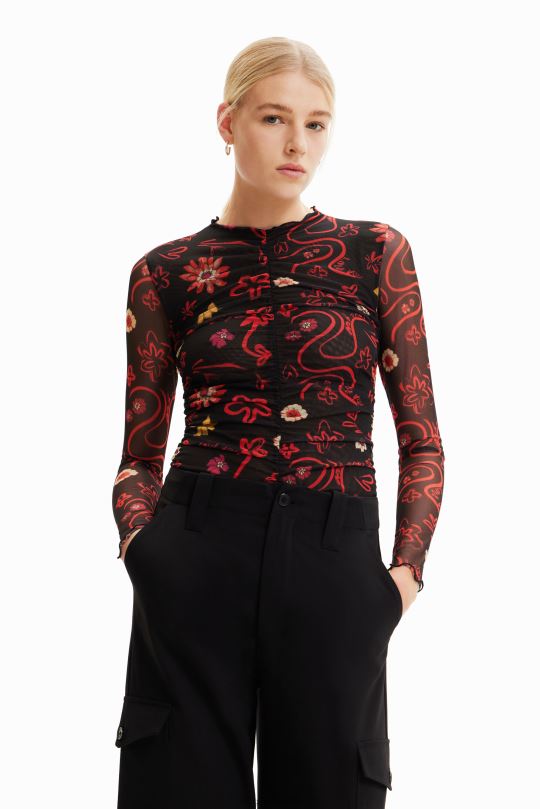 ropa 4802L495 mujer Desigual body de tul con estampado floral y fruncido - Desigual Colombia rebajas