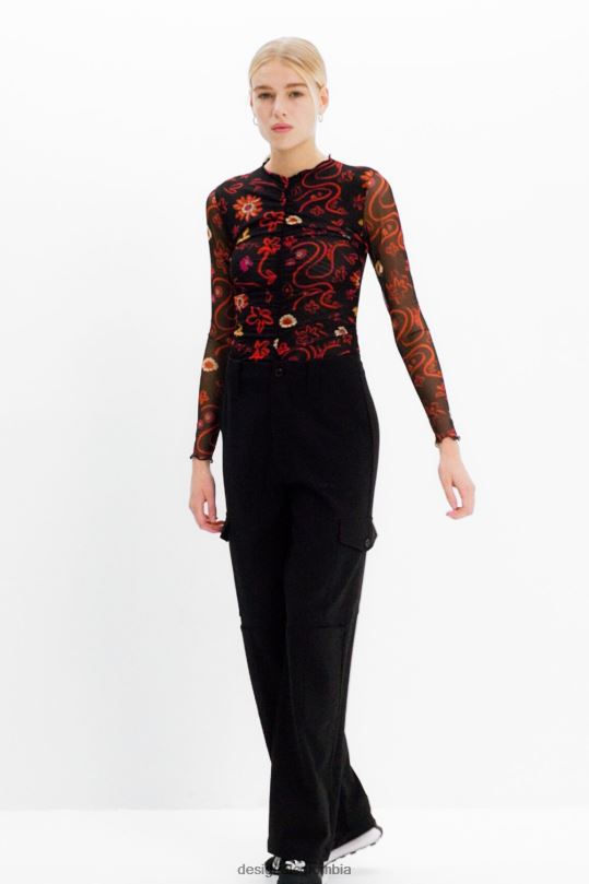 ropa 4802L495 mujer Desigual body de tul con estampado floral y fruncido - Desigual Colombia rebajas