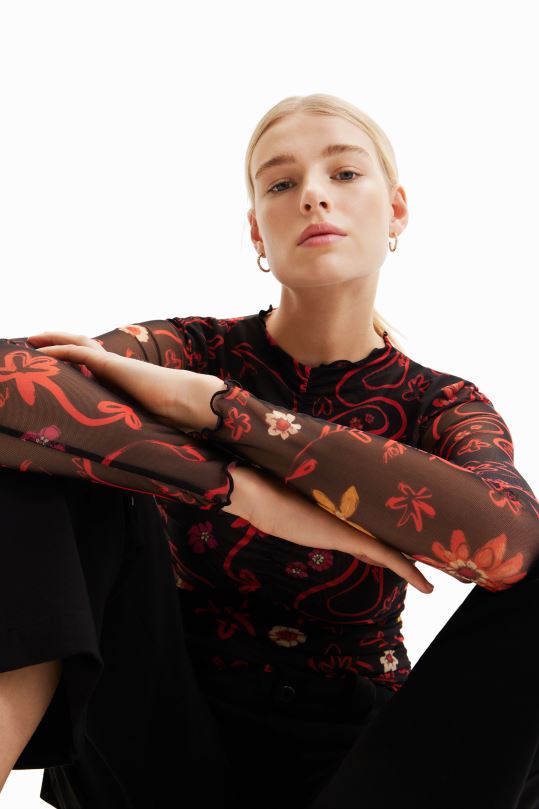 ropa 4802L495 mujer Desigual body de tul con estampado floral y fruncido - Desigual Colombia rebajas