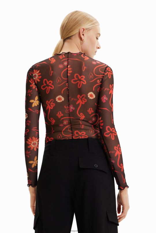 ropa 4802L495 mujer Desigual body de tul con estampado floral y fruncido - Desigual Colombia rebajas