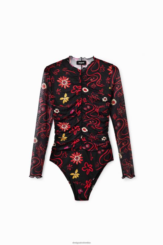 ropa 4802L495 mujer Desigual body de tul con estampado floral y fruncido - Desigual Colombia rebajas