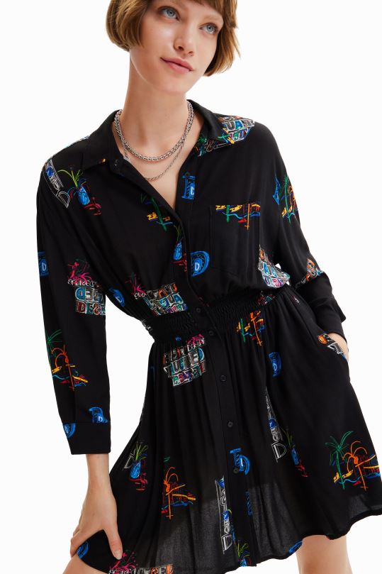 ropa 4802L719 mujer Desigual vestido camisero corto ilustrado - Desigual Colombia Medellín