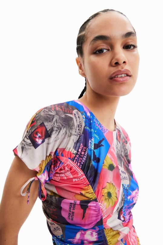 Desigual Colombia pagina oficial - ropa 4802L728 mujer Desigual vestido corto fino con diseño collage y fruncido