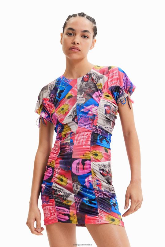 Desigual Colombia pagina oficial - ropa 4802L728 mujer Desigual vestido corto fino con diseño collage y fruncido