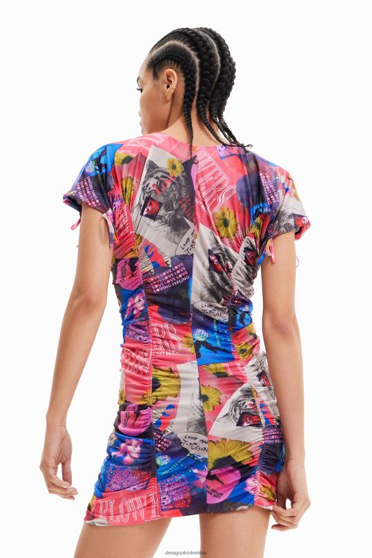Desigual Colombia pagina oficial - ropa 4802L728 mujer Desigual vestido corto fino con diseño collage y fruncido