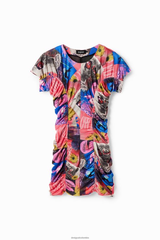 Desigual Colombia pagina oficial - ropa 4802L728 mujer Desigual vestido corto fino con diseño collage y fruncido